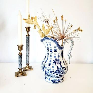 Vintage Blue &amp; White Floral Chinoiserie Pitcher Vase 