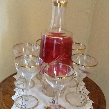 Vintage Cranberry etched  glass Decanter with (6) WIne/Sherry Gold Trim Glasses 