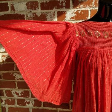 Vintage 70s Greecian Gauze Dress Red w/gold Lurex Sundress One Size 