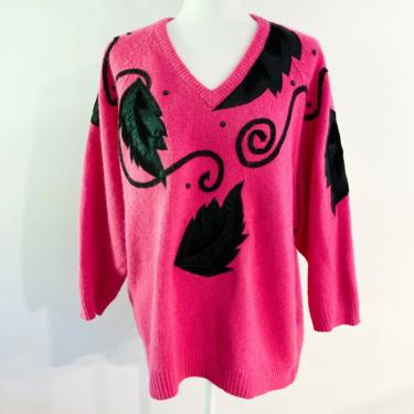 80s Bright Pink and Black Glam Adorned Sweater | Extra Large/XXL 