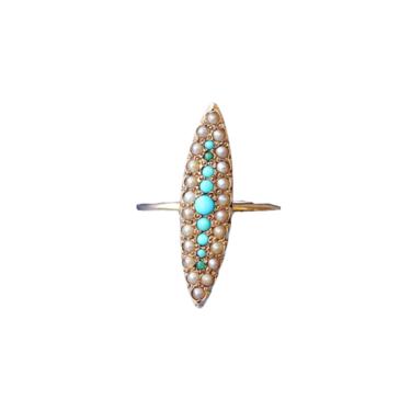 Victorian Turquoise &amp; Pearl Cluster Navette Ring