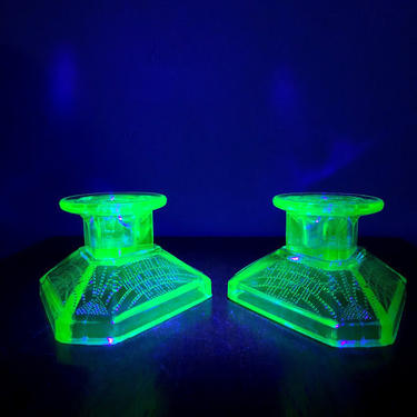 Vintage Triangle Base Beaded Rope Uranium Glass Pair of Candlestick Holders 