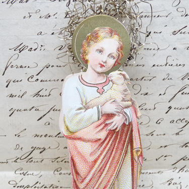 Vintage Embossed Die Cut Scrap Jesus Lamb of God, with Tinsel Halo, Retro Religious Icon, Nativity Christmas 