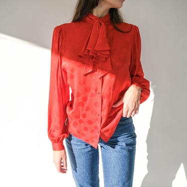 Vintage 80s GIVENCHY Cherry Red Polkadot Silk Jacquard Secretary Blouse w/ Bow Mock Collar | 100% Silk | 1980s Designer Silk Poof Sleeve Top 