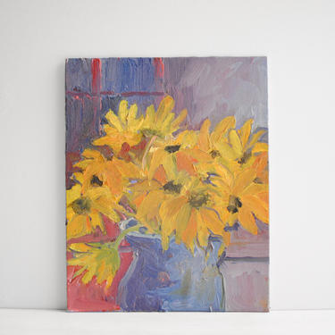 Vintage Painting of Yellow Flowers in a Purple Vase, Still Life Painting of Flowers 