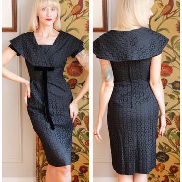 1950s Dress // Eyelet Sheath Dress // vintage 50s black dress 