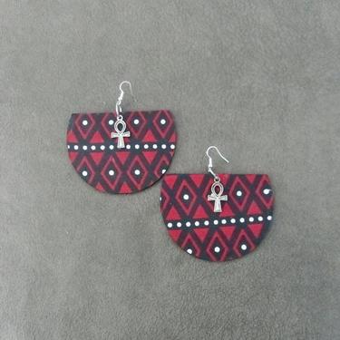 Large African print earrings, Ankara and wooden earrings, bold statement earrings, huge Afrocentric earrings, red batik earrings, ankh 