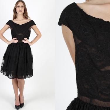 Vintage Oscar de la Renta Dress Black Lace Illusion Dress Little Black Designer Dress Solid Studio Formal Evening Full Skirt Mini Dress 