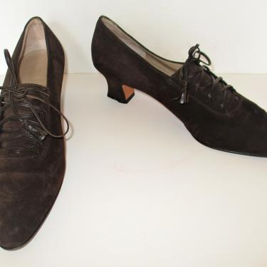 Vintage Salvatore Ferragamo Shoe Booties, Size 9B Women, brown suede, lace up 