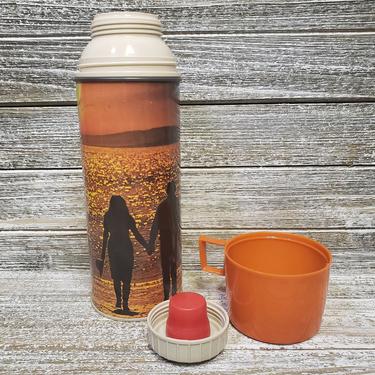 Vintage Beach Sunset King Seeley Thermos, 1960s 1970s, Sailboat Ocean Surfer, Hot Cold Beverage Container, Travel Work Coffee Cup &amp; Sipper 