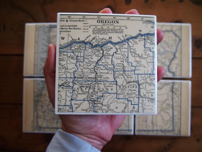 1931 Oregon Vintage Map Coasters, Tile Portland Oregon Area Map