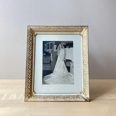 gold and ivory 8 x 10 vintage pierced metal photo frame - wedding decor 