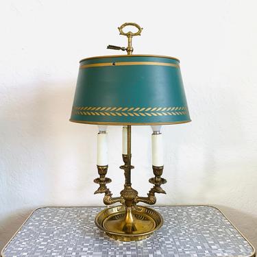 French Bouillotte Brass &amp; Toleware Lamp Classic Green Metal Shade 