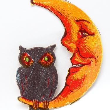 Antique Small German 1920's Halloween Die Cut Embossed Owl in Moon, Vintage Party Decor 