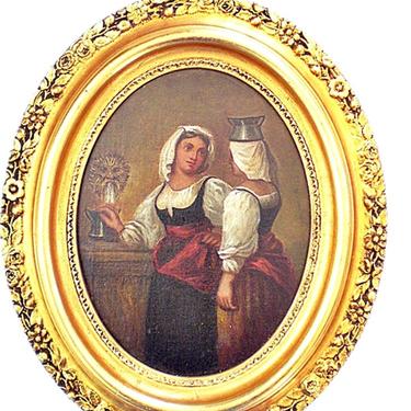 Original vintage art Oil painting portrait scene 2 Women in ornate gold leaf oval frame 