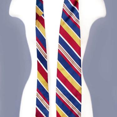 1970's YSL Yves Saint Laurent Silk Wide Striped Vintage Tie Mens Necktie Designer Blue Yellow Gold Red Mid Century 