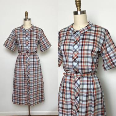 Vintage 1950s Dress 50s Cotton Plaid Day Dress Size Large NOS Deadstock 