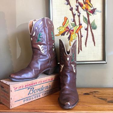 PEEWEE Vintage 40s Boots | 1940s Shortie Western Boots | Brown Leather Inlay | Pee Wee, Southwestern, Rockabilly, VLV 30s 1930s | Ladies 8.5 