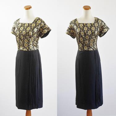 Vintage 50s Dress, 1950s Metallic Brocade Dress, Black Chiffon Dress, Cocktail Dress, Short Sleeve Dress, Square Neck, XL Plus Size 