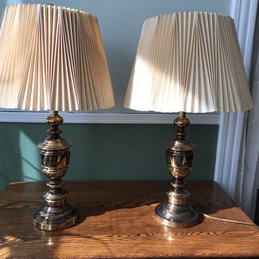 Underwriters Laboratories Vintage Pair Solid Brass Lamps with Original Shades 