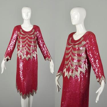 Small 1990s Silk Sequin Beaded Cocktail Dress Pink Silver Red Loose Fitting Evening Chamise 