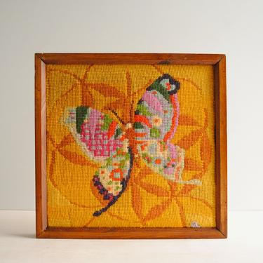 Vintage Butterfly Needlepoint Wall Hanging, Framed Needlepoint Artwork, Yellow Needlepoint Art 