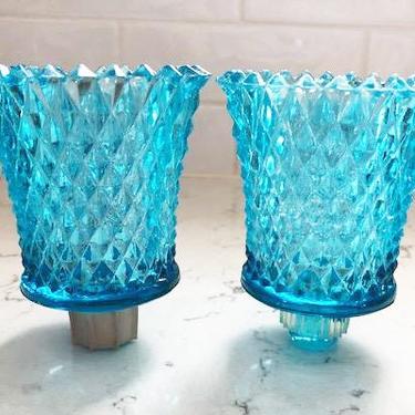 Set of 2 Vintage 1970s Blue Glass Diamond Depression Point Home Interior Votive Cups Candleholders by LeChalet