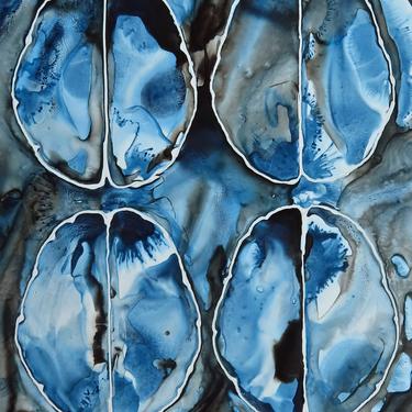 Brain Scan in Indigo and Black -  original ink painting on yupo - Neuroscience Art 