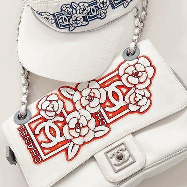 Vintage CHANEL CC Logo Turnlock CAMELLIA Flower Print Chain Classic Single Flap Shoulder Clutch Purse Evening Bag Handbag 