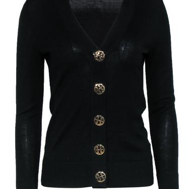 Tory Burch - Black Button-Up Merino Wool Cardigan w/ Gold Logo Buttons Sz XS