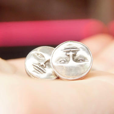 Vintage Signed Tabra 925 Moon Face Earrings, Small Sterling Silver Disc Stud Earrings, Moon God/Goddess, Unique Jewelry, 3/4” Diameter 