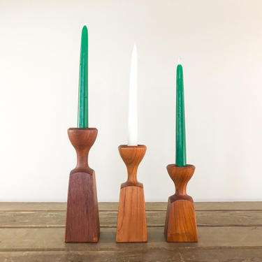 Set of 3 Dansk IHQ Mid-Century Teak Wood Candlesticks, Vintage Danish Modern Candle Holders by Jens Quistgaard 