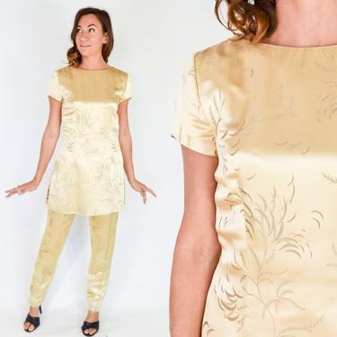 1960s Gold Silk Pants & Tunic Top | 60s Gold Silk Brocade Pant Set | Small 