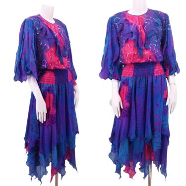 80s JUDITH ANN bright silk chiffon dress S  / vintage 1970s creations pink blue sequins Stevie peasant dress S-L 