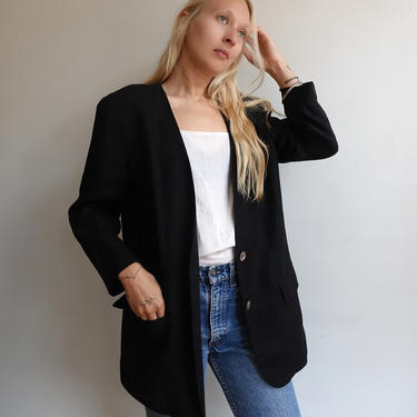 Vintage 90s DKNY Black Linen Blazer/ 1990s Minimalist Collarless Sleek Jacket/ Size Large 10 