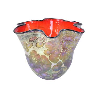 Vintage Studio Art Glass Iridescent Hand Blown Glass Rainbow Floppy Bowl Organic Petal Shaped Bowl by Jack Pine 