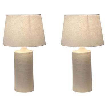 Pair of Satin White 'Rouleau' Ceramic Table Lamps by Design Frères