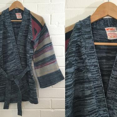 Vintage Topioka Blue Space Dyed Cardigan Belted Bell Sleeve Sweater 70s 1970s 3/4 Sleeve V Neck Striped Tan Medium M Large L Boho Hippie 