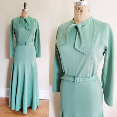 1970s Long Sleeved Maxi Dress in Green Fishtail Skirt / 70s Does 30s Long Belted Dress Ascot Scarf / M / Honorine 
