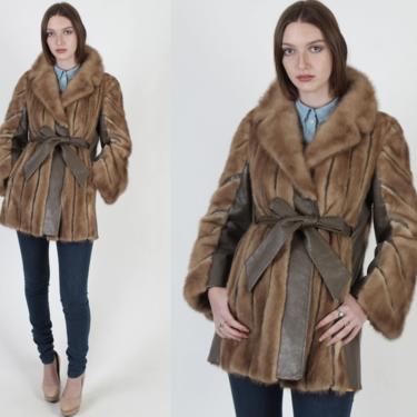 Vintage 70s Brown Leather Trench Coat / 1970s Real Mink Fur Jacket With Matching Belt / Striped Bell Sleeve Womens Spy Jacket 