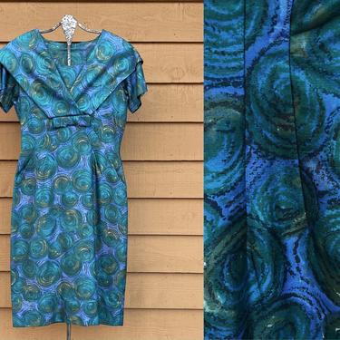 1960s Abstract Printed Silk Cocktail Purple Blue Dress 