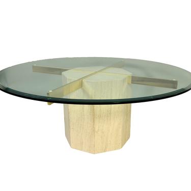Artedi Cocktail Table Travertine Marble Base Glass Top Coffee Table Mid Century Modern 