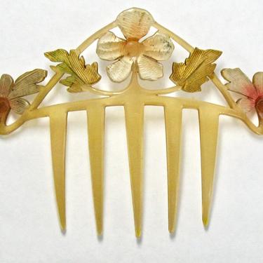 Art Nouveau Tinted Flowers Celluloid Hair Comb, French Antique Comb, Floral Hair Comb,  Bridal Comb, Art Nouveau Jewelry, Hair Decoration 