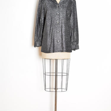 vintage 70s disco shirt metallic silver black pointy collar blouse top XL clothing 