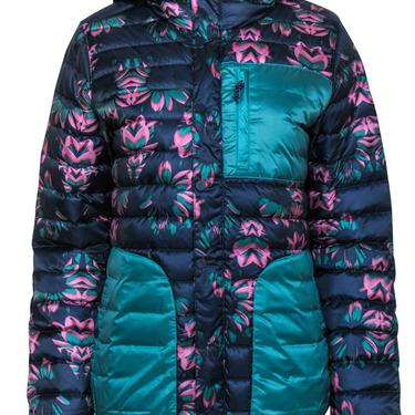 Burton - Navy, Pink & Teal Floral Print Button-Up Hooded Puffer Jacket Sz M