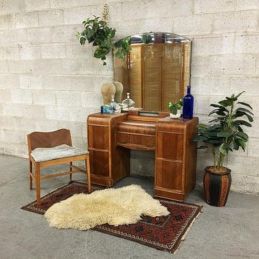 LOCAL PICKUP ONLY Vintage Art Deco Vanity and Chair Set Retro 1930's 5 Drawer Wood Vanity with Rounded Mirror and Velvet Cushioned Chair 