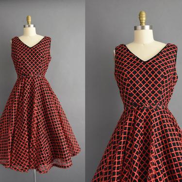 vintage 1950s | Gorgeous Lattice Red &amp; Black Sweeping Full Skirt Cocktail Party Dress | Small Medium | 50s dress 