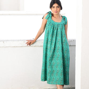 Hand Block Printed Midi Dress, Lightweight Cotton Dress, India Wood Block Print, Cotton Midi Dress, Sundress, Tie Straps Dress, Green Dress 