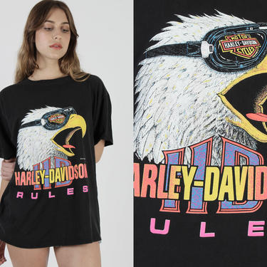 Harley Davidson Rules Neon T Shirt / Mens Motorcycle Biker Tee / Big Logo Beach Eagle Shield Cotton Cotton Tee 