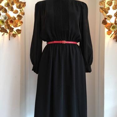 1980s designer dress, Pierre Cardin dress, vintage 80s dress, pin tucked dress, puff shoulders, size medium, black crepe dress 